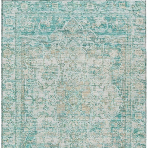 HomeRoots 5' Teal Blue & Ivory Floral Medallion Area Rug - Indoor/Outdoor, Durable, Washable, Easy Care Design 619052