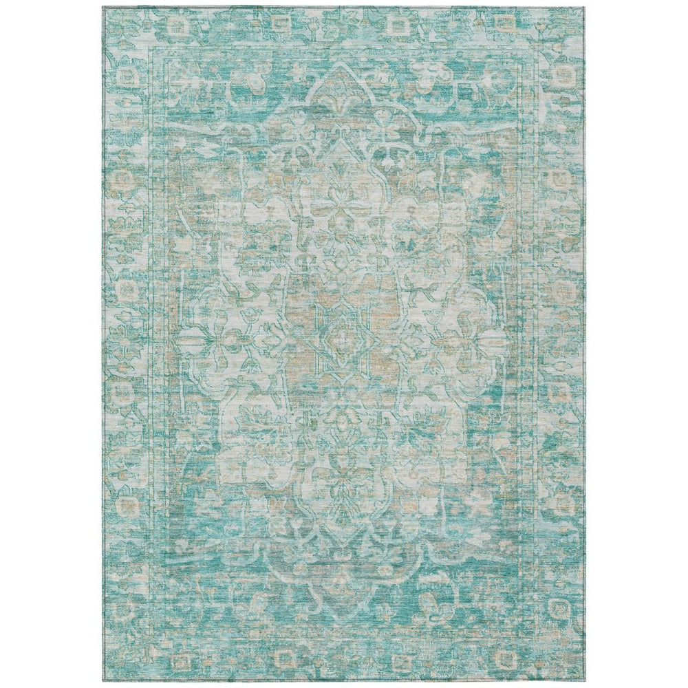 HomeRoots 5' Teal Blue & Ivory Floral Medallion Area Rug - Indoor/Outdoor, Durable, Washable, Easy Care Design 619052