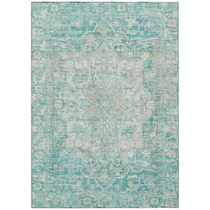 HomeRoots 5' Teal Blue & Ivory Floral Medallion Area Rug - Indoor/Outdoor, Durable, Washable, Easy Care Design 619052