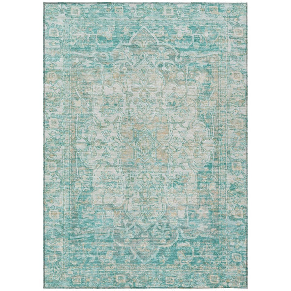 HomeRoots 5' Teal Blue & Ivory Floral Medallion Area Rug - Indoor/Outdoor, Durable, Washable, Easy Care Design 619052