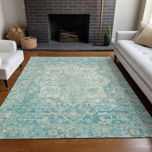 HomeRoots 5' Teal Blue & Ivory Floral Medallion Area Rug - Indoor/Outdoor, Durable, Washable, Easy Care Design 619052