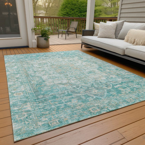 HomeRoots 5' Teal Blue & Ivory Floral Medallion Area Rug - Indoor/Outdoor, Durable, Washable, Easy Care Design 619052
