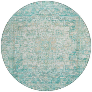 HomeRoots 8' Teal Blue Floral Medallion Area Rug - Durable, Stain-Resistant, Indoor/Outdoor, Easy Care Design 619053