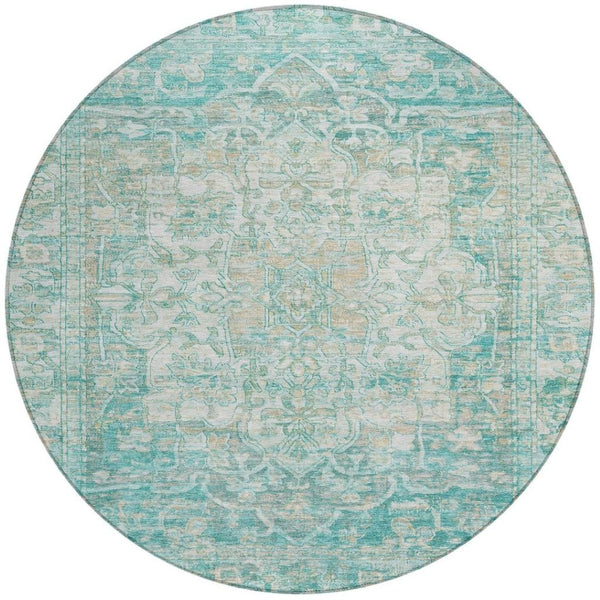 HomeRoots 8' Teal Blue Floral Medallion Area Rug - Durable, Stain-Resistant, Indoor/Outdoor, Easy Care Design 619053