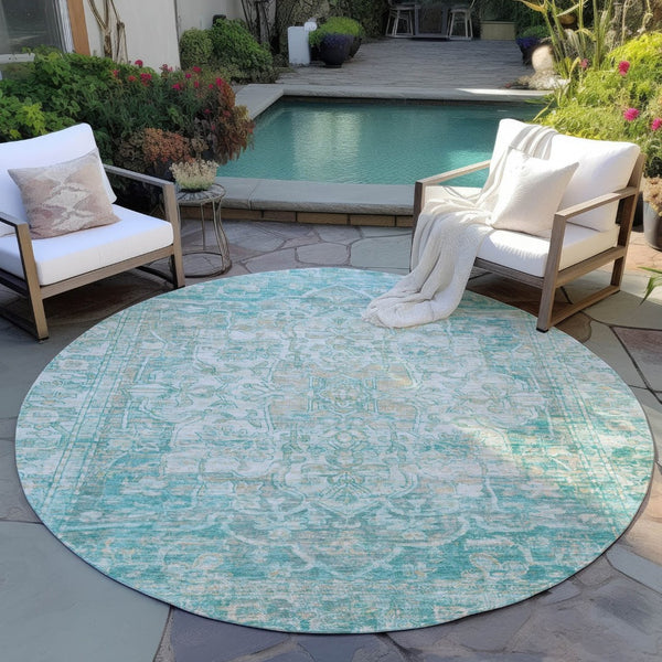 HomeRoots 8' Teal Blue Floral Medallion Area Rug - Durable, Stain-Resistant, Indoor/Outdoor, Easy Care Design 619053