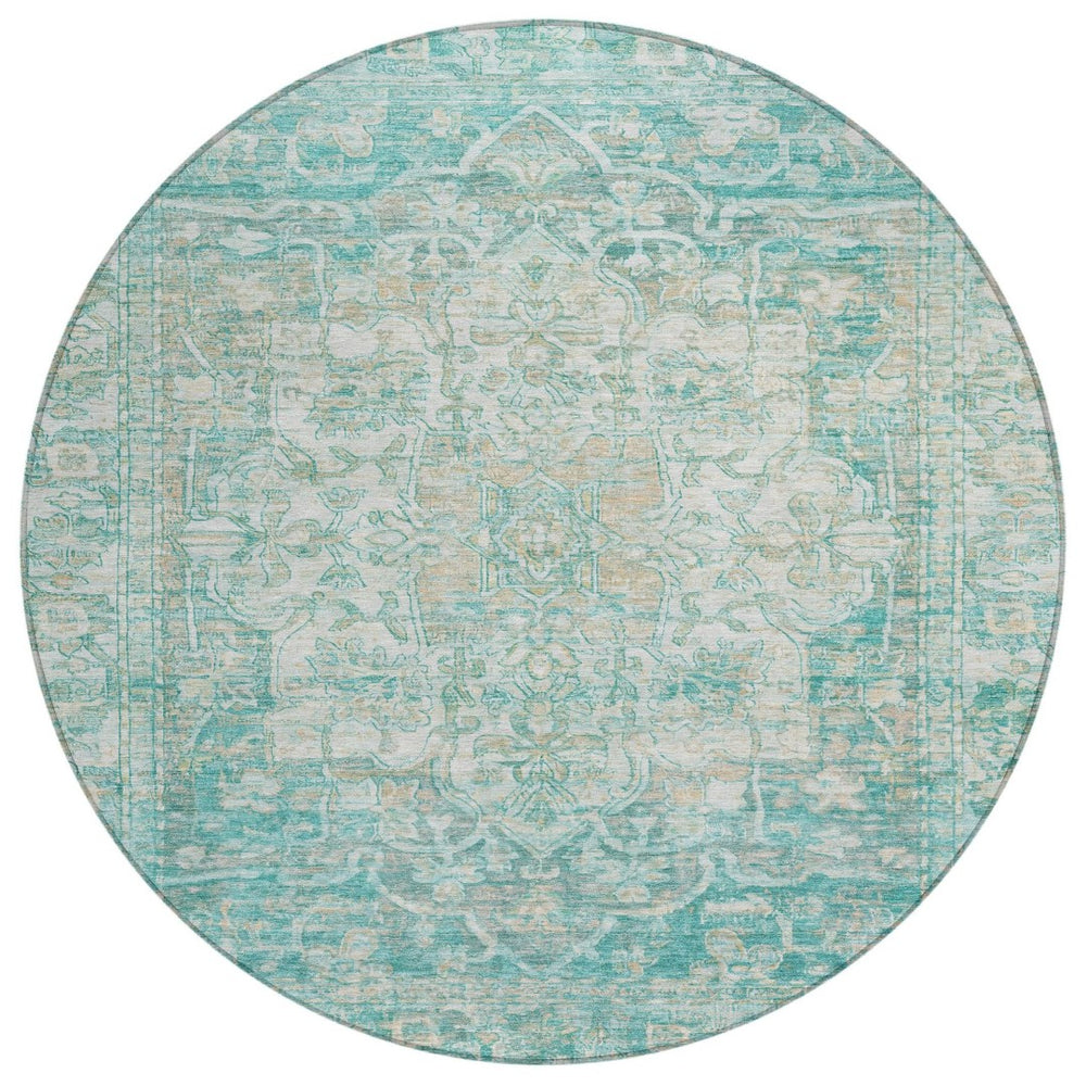 HomeRoots 8' Teal Blue Floral Medallion Area Rug - Durable, Stain-Resistant, Indoor/Outdoor, Easy Care Design 619053