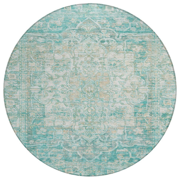 HomeRoots 8' Teal Blue Floral Medallion Area Rug - Durable, Stain-Resistant, Indoor/Outdoor, Easy Care Design 619053
