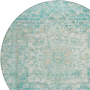 HomeRoots 8' Teal Blue Floral Medallion Area Rug - Durable, Stain-Resistant, Indoor/Outdoor, Easy Care Design 619053