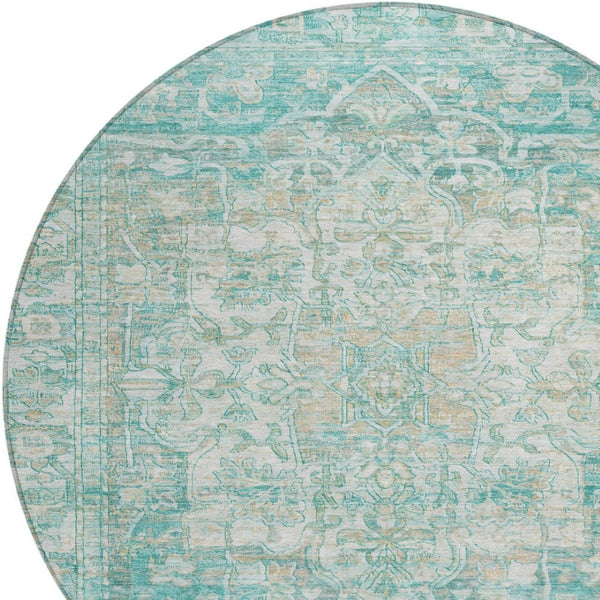 HomeRoots 8' Teal Blue Floral Medallion Area Rug - Durable, Stain-Resistant, Indoor/Outdoor, Easy Care Design 619053