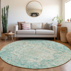 HomeRoots 8' Teal Blue Floral Medallion Area Rug - Durable, Stain-Resistant, Indoor/Outdoor, Easy Care Design 619053