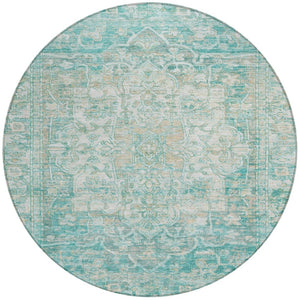HomeRoots 8' Teal Blue Floral Medallion Area Rug - Durable, Stain-Resistant, Indoor/Outdoor, Easy Care Design 619053