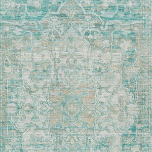 HomeRoots 9' X 12' Teal Blue Floral Medallion Area Rug - Washable, Stain-Resistant, Stylish for Indoor/Outdoor Use 619055