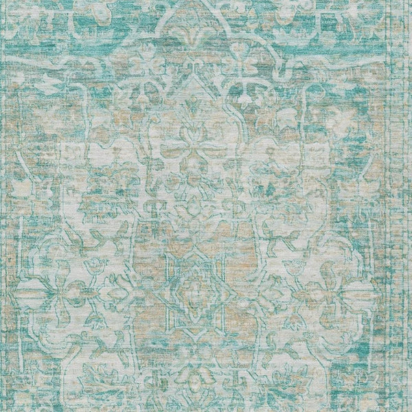 HomeRoots 9' X 12' Teal Blue Floral Medallion Area Rug - Washable, Stain-Resistant, Stylish for Indoor/Outdoor Use 619055