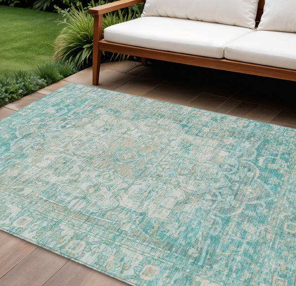 HomeRoots 10' Teal Blue and Ivory Floral Medallion Area Rug – Durable, Washable for Indoor & Outdoor Use, Stylish! 619056