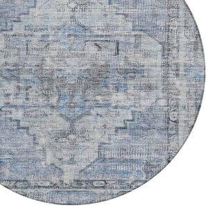 HomeRoots 8' Blue Gray Ivory Round Area Rug - Washable, Durable, Geometric Design for Indoor & Outdoor Use 619071