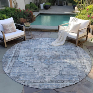 HomeRoots 8' Blue Gray Ivory Round Area Rug - Washable, Durable, Geometric Design for Indoor & Outdoor Use 619071
