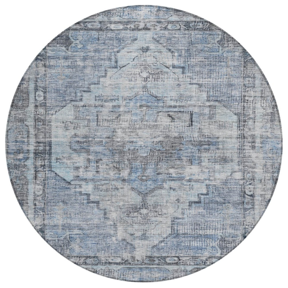 HomeRoots 8' Blue Gray Ivory Round Area Rug - Washable, Durable, Geometric Design for Indoor & Outdoor Use 619071