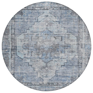 HomeRoots 8' Blue Gray Ivory Round Area Rug - Washable, Durable, Geometric Design for Indoor & Outdoor Use 619071