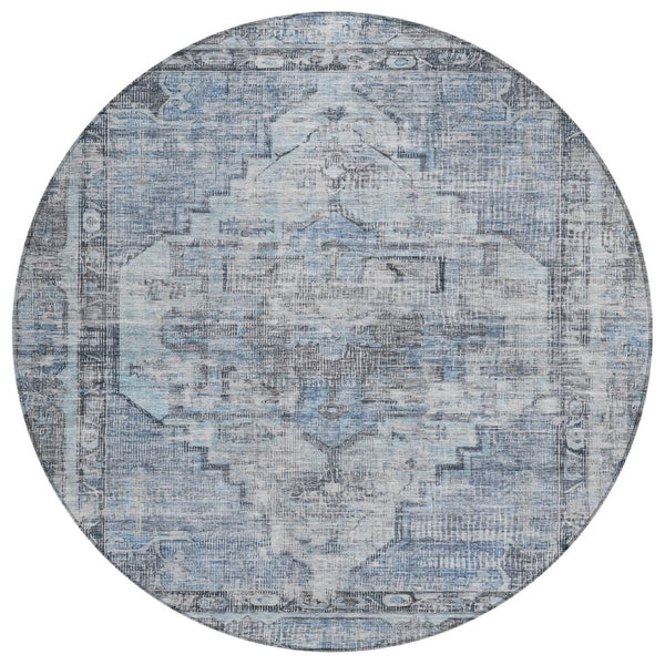 HomeRoots 8' Blue Gray Ivory Round Area Rug - Washable, Durable, Geometric Design for Indoor & Outdoor Use 619071