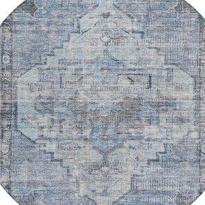 HomeRoots 8' Blue Gray Ivory Round Area Rug - Washable, Durable, Geometric Design for Indoor & Outdoor Use 619071