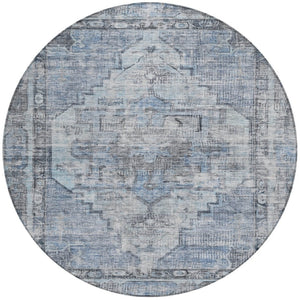 HomeRoots 8' Blue Gray Ivory Round Area Rug - Washable, Durable, Geometric Design for Indoor & Outdoor Use 619071