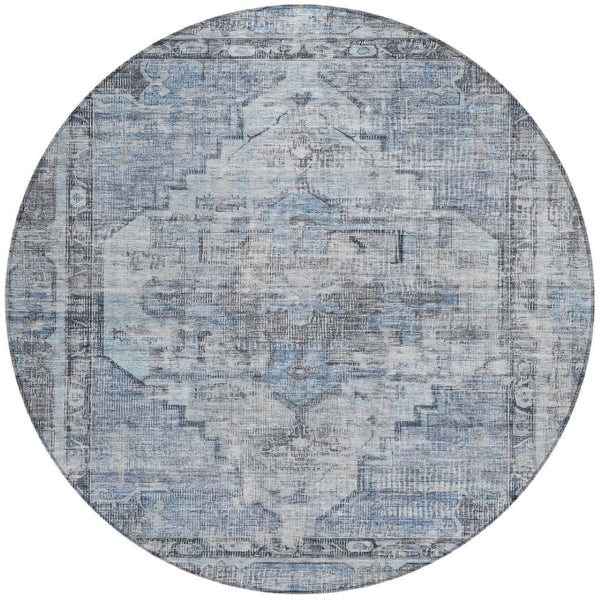 HomeRoots 8' Blue Gray Ivory Round Area Rug - Washable, Durable, Geometric Design for Indoor & Outdoor Use 619071