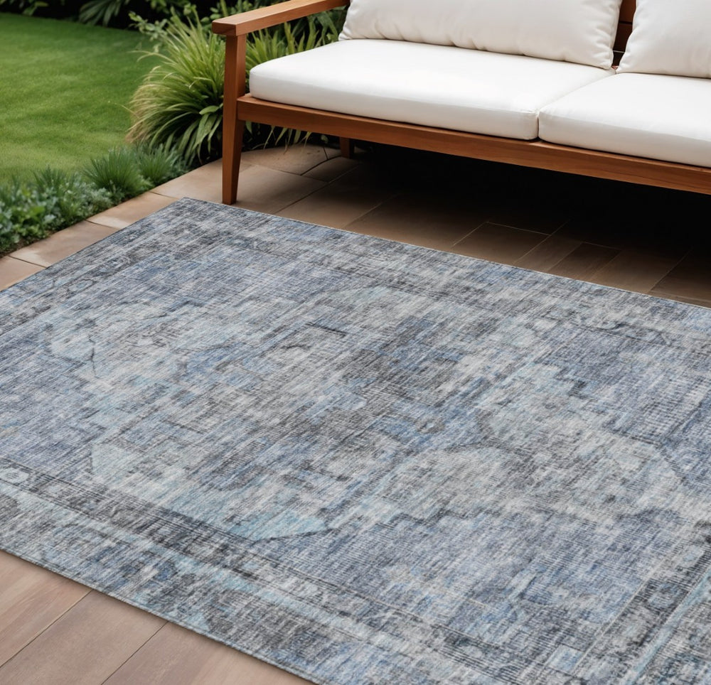 HomeRoots 9' X 12' Durable Blue Gray Ivory Oriental Washable Area Rug for Indoor & Outdoor Use, Versatile Style 619073