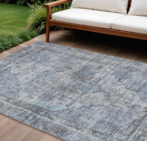 HomeRoots 9' X 12' Durable Blue Gray Ivory Oriental Washable Area Rug for Indoor & Outdoor Use, Versatile Style 619073