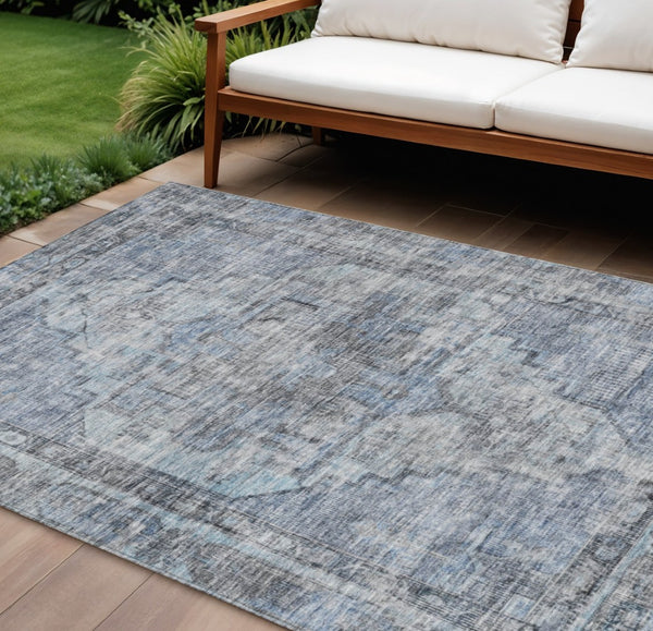 HomeRoots 9' X 12' Durable Blue Gray Ivory Oriental Washable Area Rug for Indoor & Outdoor Use, Versatile Style 619073