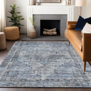 HomeRoots 9' X 12' Durable Blue Gray Ivory Oriental Washable Area Rug for Indoor & Outdoor Use, Versatile Style 619073