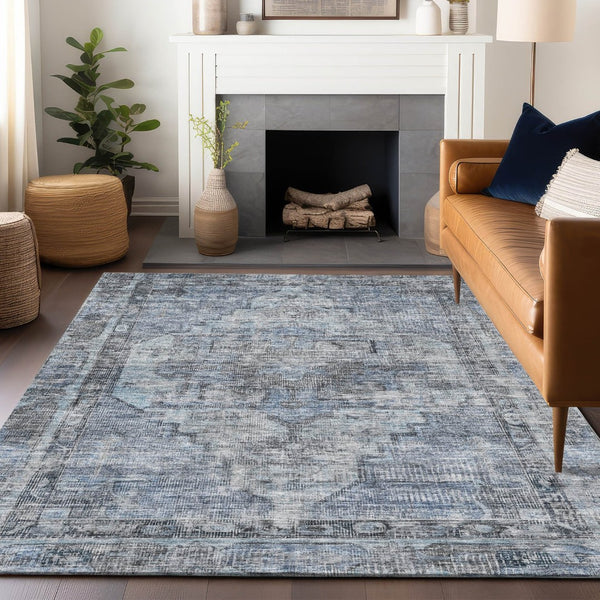 HomeRoots 9' X 12' Durable Blue Gray Ivory Oriental Washable Area Rug for Indoor & Outdoor Use, Versatile Style 619073