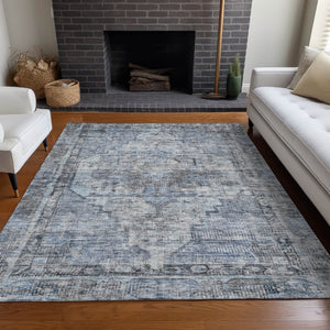 HomeRoots 9' X 12' Durable Blue Gray Ivory Oriental Washable Area Rug for Indoor & Outdoor Use, Versatile Style 619073