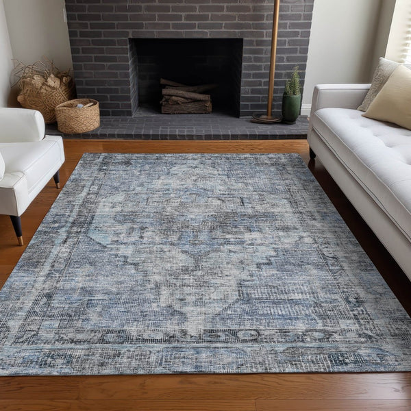 HomeRoots 9' X 12' Durable Blue Gray Ivory Oriental Washable Area Rug for Indoor & Outdoor Use, Versatile Style 619073