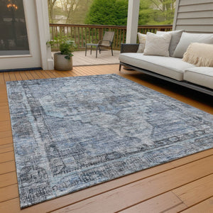 HomeRoots 9' X 12' Durable Blue Gray Ivory Oriental Washable Area Rug for Indoor & Outdoor Use, Versatile Style 619073