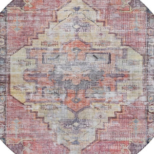 HomeRoots 8' Round Oriental Area Rug in Rust, Gray & Mauve - Washable, Durable for Indoor/Outdoor Use 619083