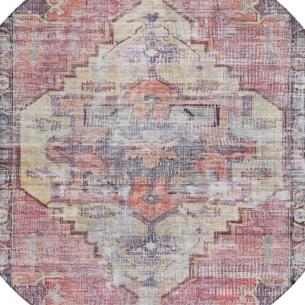 HomeRoots 8' Round Oriental Area Rug in Rust, Gray & Mauve - Washable, Durable for Indoor/Outdoor Use 619083
