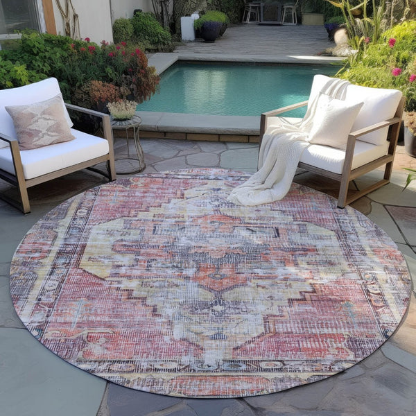 HomeRoots 8' Round Oriental Area Rug in Rust, Gray & Mauve - Washable, Durable for Indoor/Outdoor Use 619083