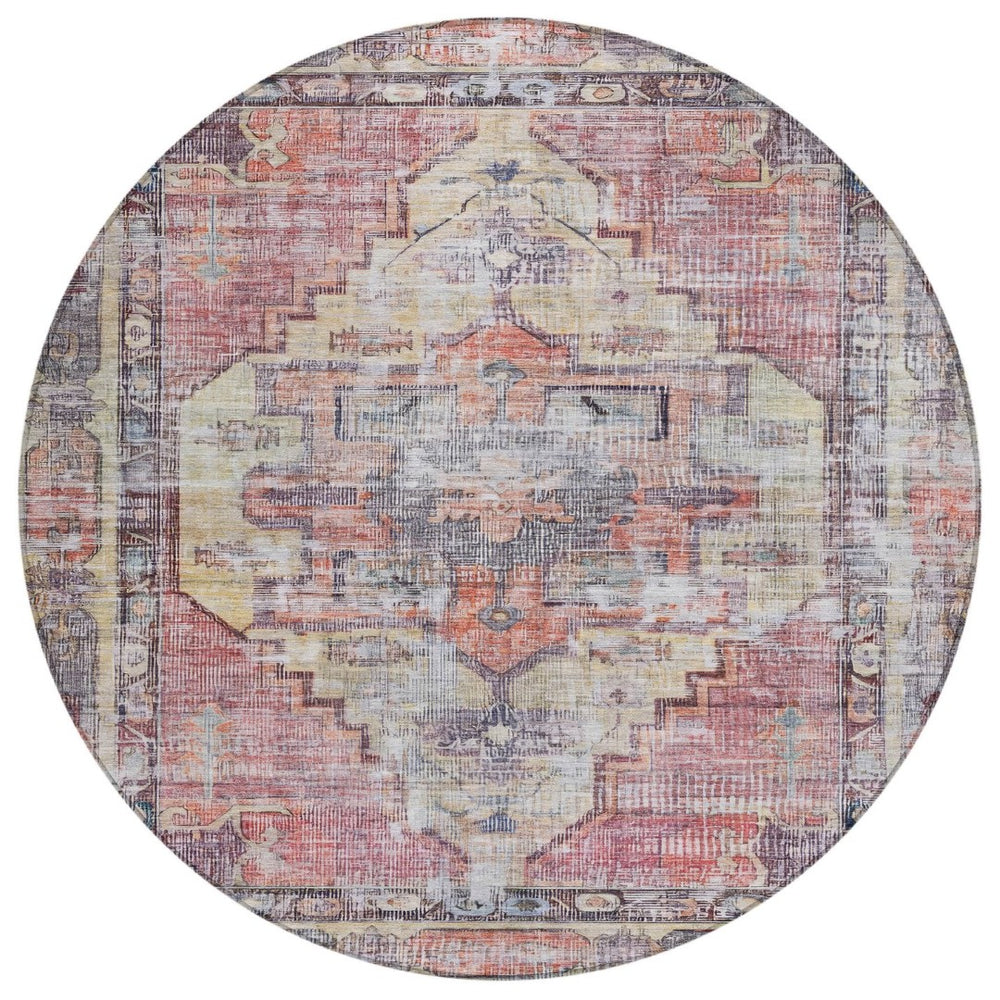 HomeRoots 8' Round Oriental Area Rug in Rust, Gray & Mauve - Washable, Durable for Indoor/Outdoor Use 619083
