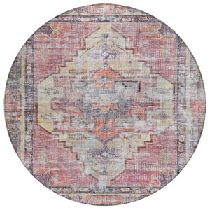 HomeRoots 8' Round Oriental Area Rug in Rust, Gray & Mauve - Washable, Durable for Indoor/Outdoor Use 619083