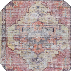 HomeRoots 8' Round Oriental Area Rug in Rust, Gray & Mauve - Washable, Durable for Indoor/Outdoor Use 619083