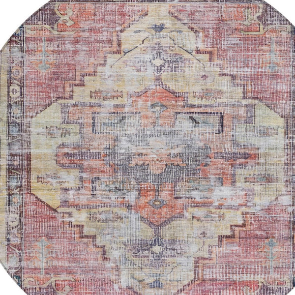 HomeRoots 8' Round Oriental Area Rug in Rust, Gray & Mauve - Washable, Durable for Indoor/Outdoor Use 619083