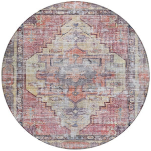 HomeRoots 8' Round Oriental Area Rug in Rust, Gray & Mauve - Washable, Durable for Indoor/Outdoor Use 619083