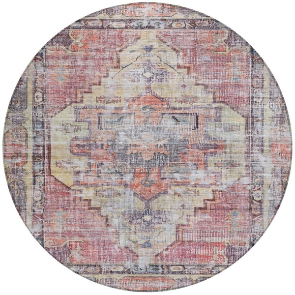 HomeRoots 8' Round Oriental Area Rug in Rust, Gray & Mauve - Washable, Durable for Indoor/Outdoor Use 619083