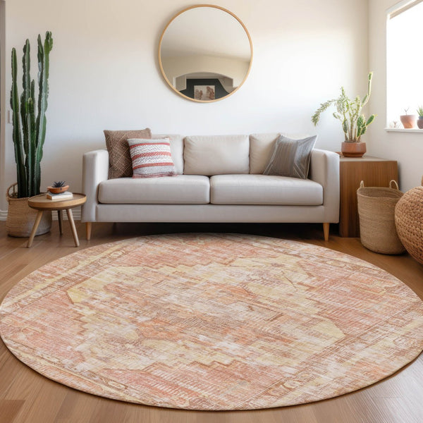 HomeRoots 8' Round Washable Indoor Outdoor Area Rug in Terra Cotta, Ivory & Wheat – Stylish & Durable Design 619095