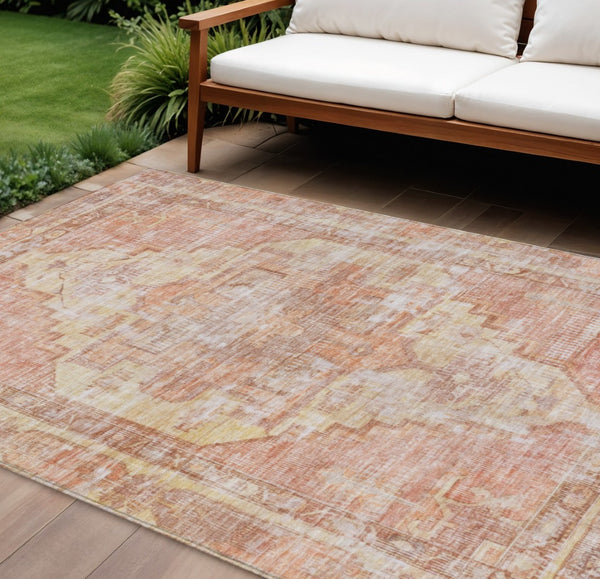 HomeRoots 10' Terra Cotta Ivory & Wheat Oriental Area Rug - Washable, Durable for Indoor & Outdoor Use 619098