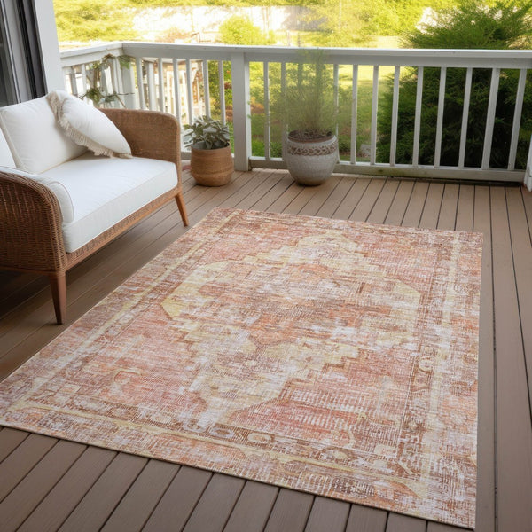 HomeRoots 10' Terra Cotta Ivory & Wheat Oriental Area Rug - Washable, Durable for Indoor & Outdoor Use 619098