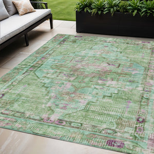 HomeRoots 5' Vibrant Artichoke Green, Teal Blue & Lavender Oriental Rug - Washable for Indoor/Outdoor Use! 619100