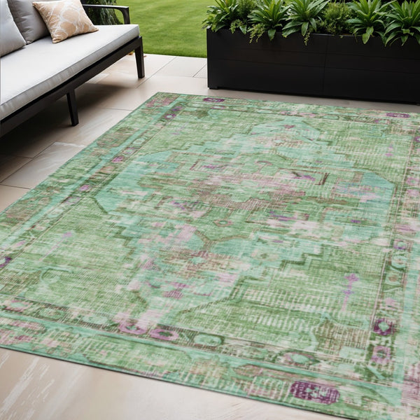 HomeRoots 5' Vibrant Artichoke Green, Teal Blue & Lavender Oriental Rug - Washable for Indoor/Outdoor Use! 619100