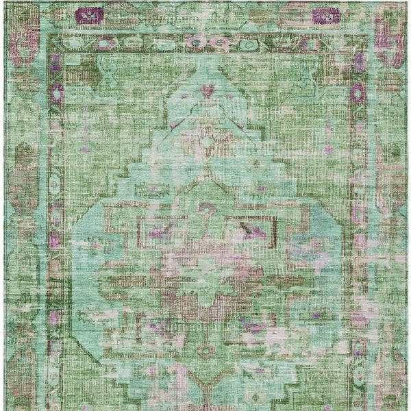 HomeRoots 5' Vibrant Artichoke Green, Teal Blue & Lavender Oriental Rug - Washable for Indoor/Outdoor Use! 619100