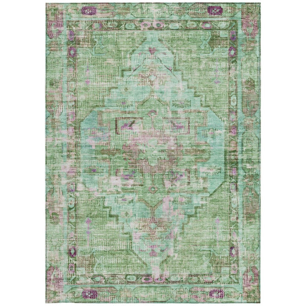 HomeRoots 5' Vibrant Artichoke Green, Teal Blue & Lavender Oriental Rug - Washable for Indoor/Outdoor Use! 619100